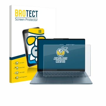 Parte frontal de un envase de producto con el logotipo de la marca BROTECT. Al lado se muestra el dispositivo Lenovo Yoga Slim