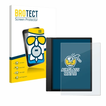 Parte frontal de un envase de producto con el logotipo de la marca BROTECT. Al lado se muestra el dispositivo Boox Note Air 5 