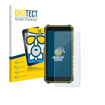 Parte frontal de un envase de producto con el logotipo de la marca BROTECT. Al lado se muestra el dispositivo Ulefone RugKing 