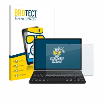 Parte frontal de un envase de producto con el logotipo de la marca BROTECT. Al lado se muestra el dispositivo DEERTiME E9 10.1