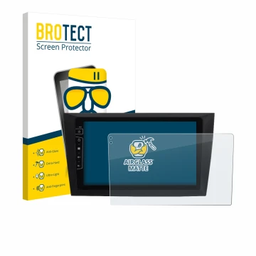 Parte frontal de un envase de producto con el logotipo de la marca BROTECT. Al lado se muestra el dispositivo Dynavin D8-DF31 