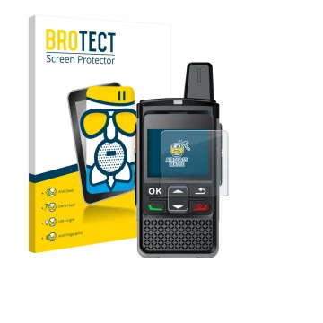 Parte frontal de un envase de producto con el logotipo de la marca BROTECT. Al lado se muestra el dispositivo Hytera PNC360S c