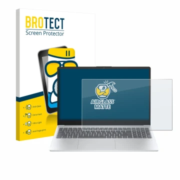 Parte frontal de un envase de producto con el logotipo de la marca BROTECT. Al lado se muestra el dispositivo HP OmniBook 3 14