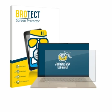 Parte frontal de un envase de producto con el logotipo de la marca BROTECT. Al lado se muestra el dispositivo ASUS ZenBook A16