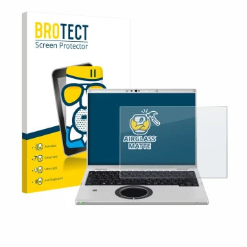 Parte frontal de un envase de producto con el logotipo de la marca BROTECT. Al lado se muestra el dispositivo Panasonic CF-FV3