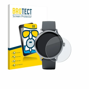 Parte frontal de un envase de producto con el logotipo de la marca BROTECT. Al lado se muestra el dispositivo Pebble Round 2 c