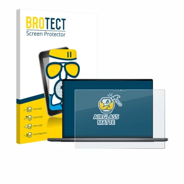 Parte frontal de un envase de producto con el logotipo de la marca BROTECT. Al lado se muestra el dispositivo Dell XPS 16 DA16