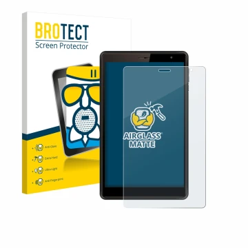 Parte frontal de un envase de producto con el logotipo de la marca BROTECT. Al lado se muestra el dispositivo Logicom Tab 80 8