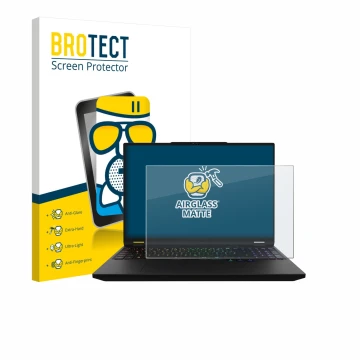 Parte frontal de un envase de producto con el logotipo de la marca BROTECT. Al lado se muestra el dispositivo XMG Apex 16 Max 