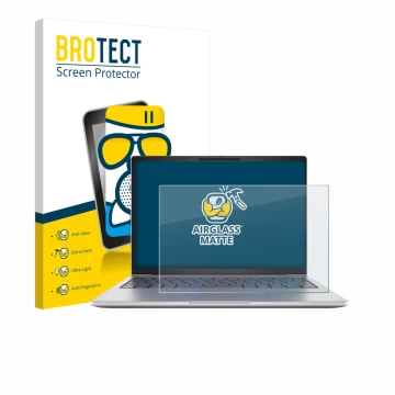 Parte frontal de un envase de producto con el logotipo de la marca BROTECT. Al lado se muestra el dispositivo HP EliteBook 8 G