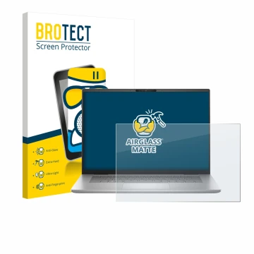 Parte frontal de un envase de producto con el logotipo de la marca BROTECT. Al lado se muestra el dispositivo Dell Inspiron 16