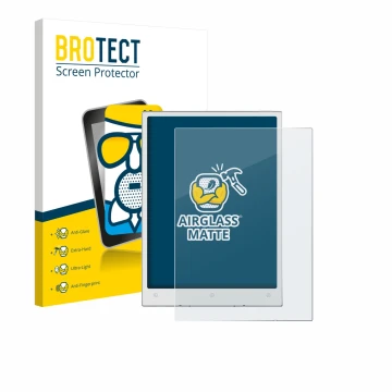 Parte frontal de un envase de producto con el logotipo de la marca BROTECT. Al lado se muestra el dispositivo Viwoods AiPaper 