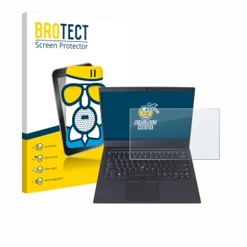 Parte frontal de un envase de producto con el logotipo de la marca BROTECT. Al lado se muestra el dispositivo Lenovo ThinkPad 