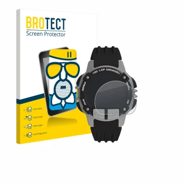 Parte frontal de un envase de producto con el logotipo de la marca BROTECT. Al lado se muestra el dispositivo Timex Ironman TW