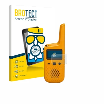 Parte frontal de un envase de producto con el logotipo de la marca BROTECT. Al lado se muestra el dispositivo Motorola Talkabo