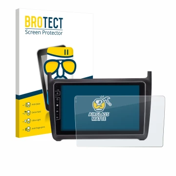 Parte frontal de un envase de producto con el logotipo de la marca BROTECT. Al lado se muestra el dispositivo Dynavin D9-69H P