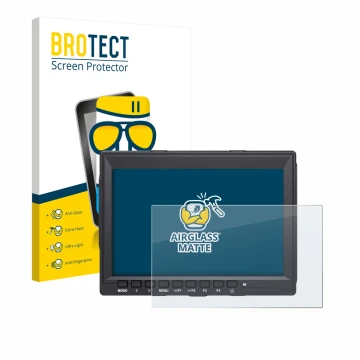 Parte frontal de un envase de producto con el logotipo de la marca BROTECT. Al lado se muestra el dispositivo Feelworld FW759 