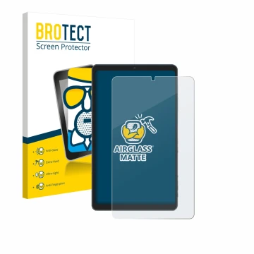 Parte frontal de un envase de producto con el logotipo de la marca BROTECT. Al lado se muestra el dispositivo Chuwi AuPad Mini