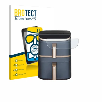 Parte frontal de un envase de producto con el logotipo de la marca BROTECT. Al lado se muestra el dispositivo Cosori Turbo Tow