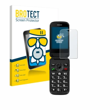 Parte frontal de un envase de producto con el logotipo de la marca BROTECT. Al lado se muestra el dispositivo Simvalley Mobile