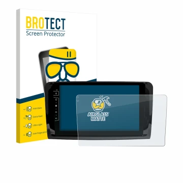 Parte frontal de un envase de producto con el logotipo de la marca BROTECT. Al lado se muestra el dispositivo Dynavin D9-DF432