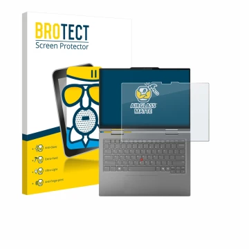 Parte frontal de un envase de producto con el logotipo de la marca BROTECT. Al lado se muestra el dispositivo Lenovo ThinkPad 