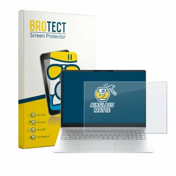 Parte frontal de un envase de producto con el logotipo de la marca BROTECT. Al lado se muestra el dispositivo HP OmniBook 3 16