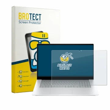 Parte frontal de un envase de producto con el logotipo de la marca BROTECT. Al lado se muestra el dispositivo HP OmniBook X 17