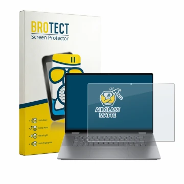 Parte frontal de un envase de producto con el logotipo de la marca BROTECT. Al lado se muestra el dispositivo HP OmniBook X Fl