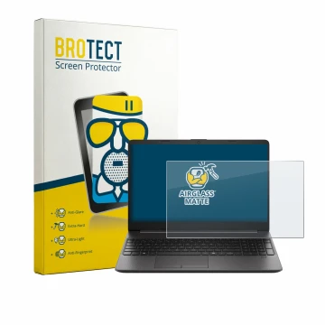 Parte frontal de un envase de producto con el logotipo de la marca BROTECT. Al lado se muestra el dispositivo HP EliteBook 250