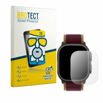 Parte frontal de un envase de producto con el logotipo de la marca BROTECT. Al lado se muestra el dispositivo Apple Watch Ultr