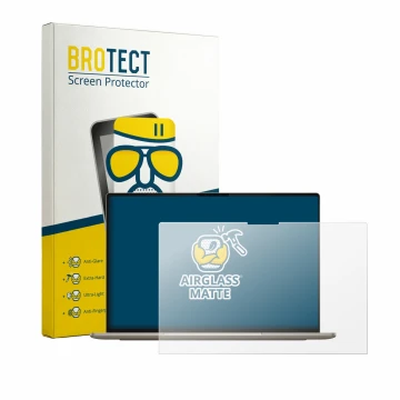 Parte frontal de un envase de producto con el logotipo de la marca BROTECT. Al lado se muestra el dispositivo Dell XPS Googleb