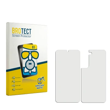 Parte frontal de un envase de producto con el logotipo de la marca BROTECT. Al lado está el protector de pantalla correspondie