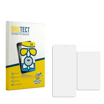 Parte frontal de un envase de producto con el logotipo de la marca BROTECT. Al lado está el protector de pantalla correspondie