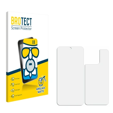 Parte frontal de un envase de producto con el logotipo de la marca BROTECT. Al lado está el protector de pantalla correspondie