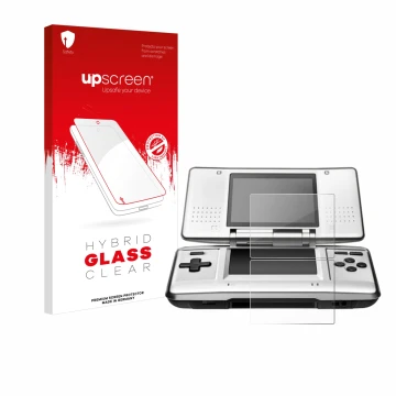 Parte frontal de un envase de producto con el logotipo de la marca upscreen. Al lado se muestra el dispositivo Nintendo DS con