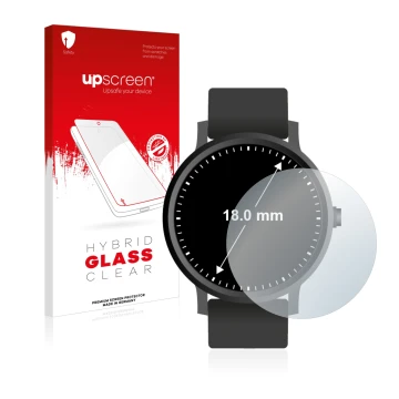 Parte frontal de un envase de producto con el logotipo de la marca upscreen. Al lado se muestra el dispositivo Relojes (Circul