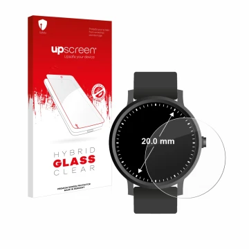 Parte frontal de un envase de producto con el logotipo de la marca upscreen. Al lado se muestra el dispositivo Relojes (Circul