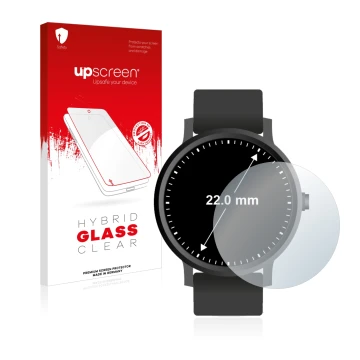 Parte frontal de un envase de producto con el logotipo de la marca upscreen. Al lado se muestra el dispositivo Relojes (Circul