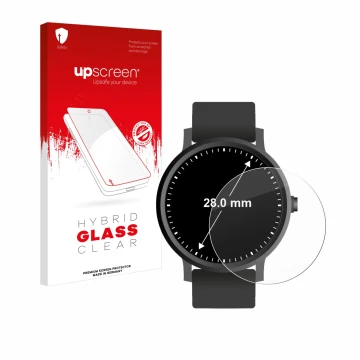Parte frontal de un envase de producto con el logotipo de la marca upscreen. Al lado se muestra el dispositivo Relojes (Circul