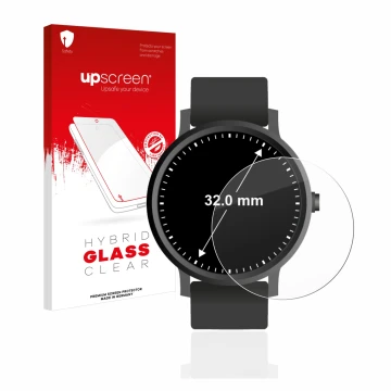 Parte frontal de un envase de producto con el logotipo de la marca upscreen. Al lado se muestra el dispositivo Relojes (Circul