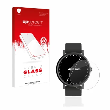 Parte frontal de un envase de producto con el logotipo de la marca upscreen. Al lado se muestra el dispositivo Relojes (Circul