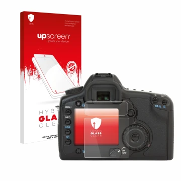 Parte frontal de un envase de producto con el logotipo de la marca upscreen. Al lado se muestra el dispositivo Canon EOS 5D co