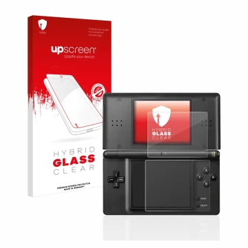 Parte frontal de un envase de producto con el logotipo de la marca upscreen. Al lado se muestra el dispositivo Nintendo DS LIT