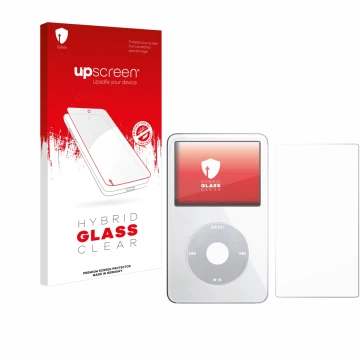 Parte frontal de un envase de producto con el logotipo de la marca upscreen. Al lado se muestra el dispositivo Apple iPod Clas