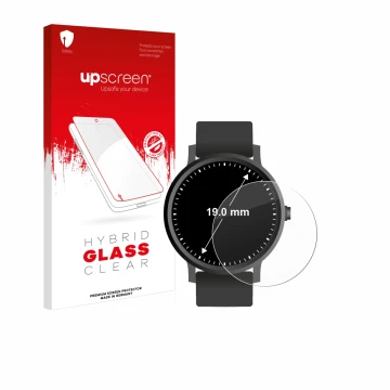 Parte frontal de un envase de producto con el logotipo de la marca upscreen. Al lado se muestra el dispositivo Relojes (Circul