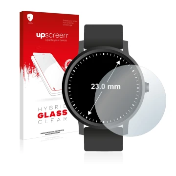 Parte frontal de un envase de producto con el logotipo de la marca upscreen. Al lado se muestra el dispositivo Relojes (Circul