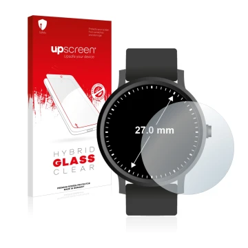 Parte frontal de un envase de producto con el logotipo de la marca upscreen. Al lado se muestra el dispositivo Relojes (Circul