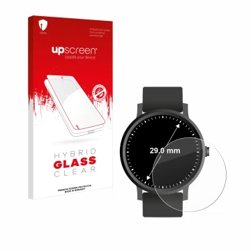 Parte frontal de un envase de producto con el logotipo de la marca upscreen. Al lado se muestra el dispositivo Relojes (Circul