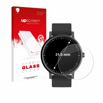 Parte frontal de un envase de producto con el logotipo de la marca upscreen. Al lado se muestra el dispositivo Relojes (circul